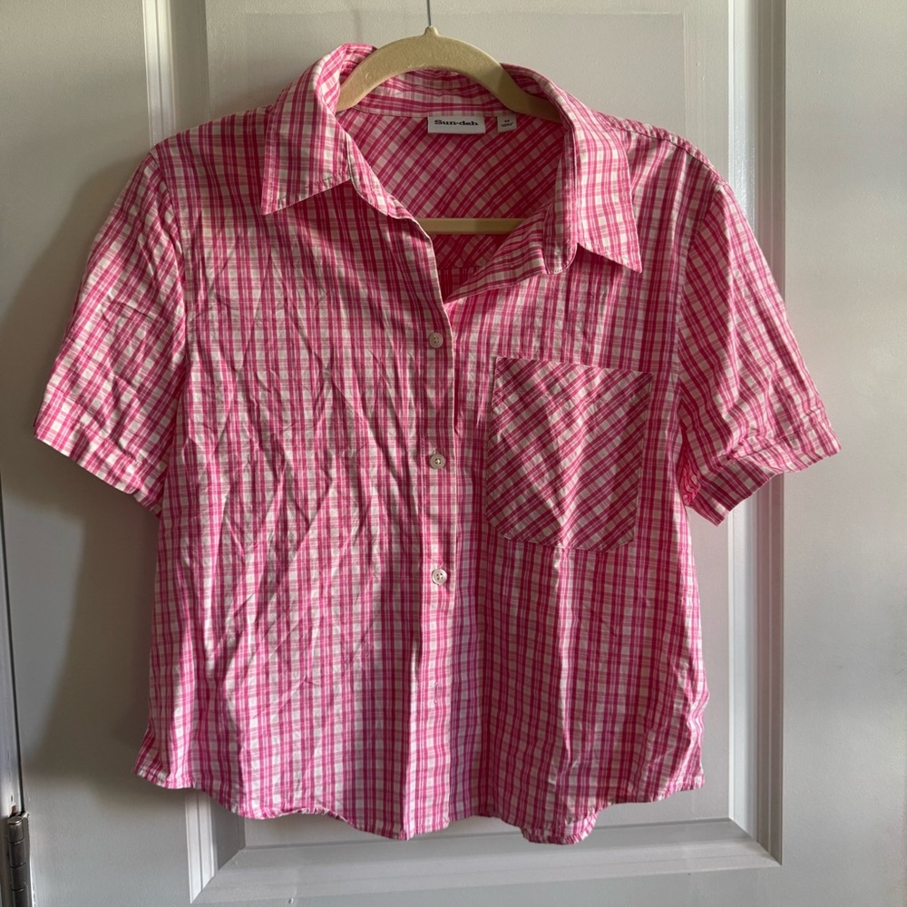 Sun-deh Aritzia | Pink Gingham Crop Short Sleeve Button Down Shirt Size Medium